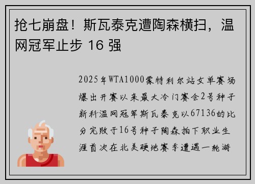 抢七崩盘！斯瓦泰克遭陶森横扫，温网冠军止步 16 强